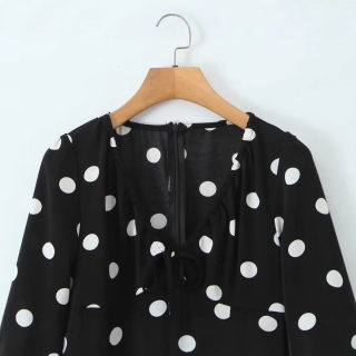 Color Block V-Neck Flared Sleeve Polka Dot Dress 3