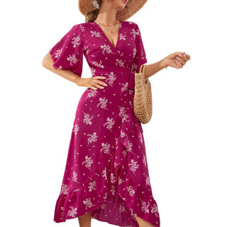 Floral V-Neck Summer Dress | French Waist Bandage Tea-Length Skirt 5