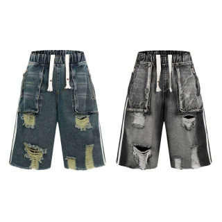 Unisex Retro Washed Striped Distressed Denim Shorts 5