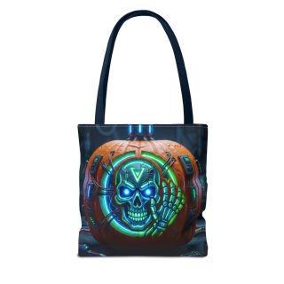 Cyber Pumpkin Skull Tote Bag | Neon Sci-Fi Halloween Tote 28
