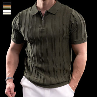 Striped Half-Zip Knit Polo Shirt for Men | Short Sleeve Flip Collar 4