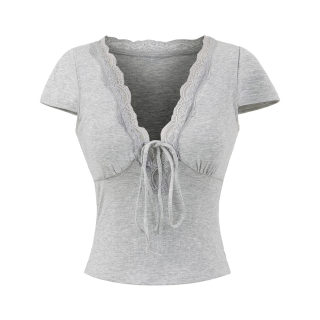 Lace V-Neck Short Sleeve Top with Padded Cups 3