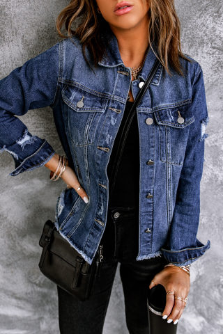 Sky Blue Lapel Collar Distressed Denim Jacket, Raw Hem 3