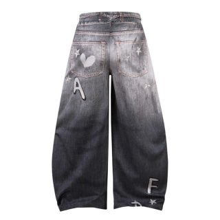 Hand-Painted Cow & Cat Wide-Leg Jeans for Women | Loose Straight Floor-Length