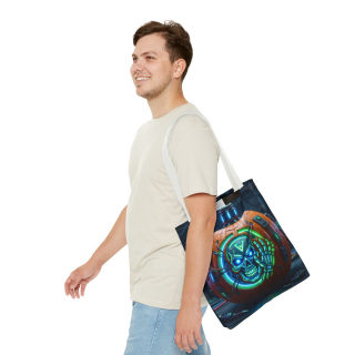 Cyber Pumpkin Skull Tote Bag | Neon Sci-Fi Halloween Tote 38