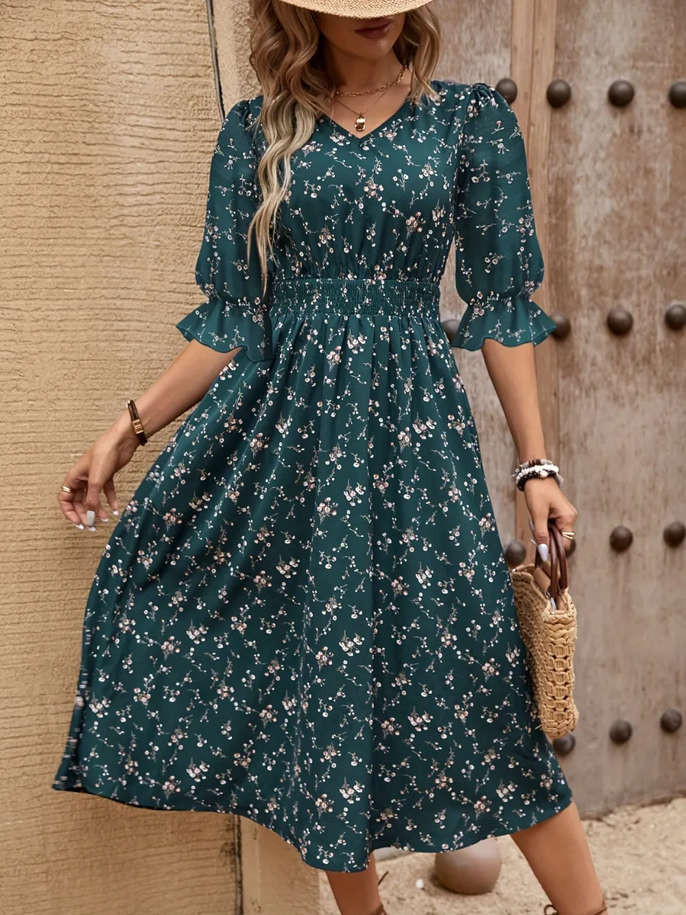 Smocked Waist Floral Flounce Sleeve Midi Dress 3