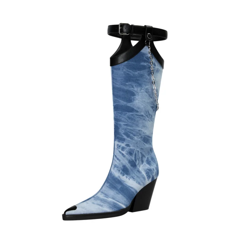 Pointed Toe Chain Buckle High Heel Knee-Length Boots for Women