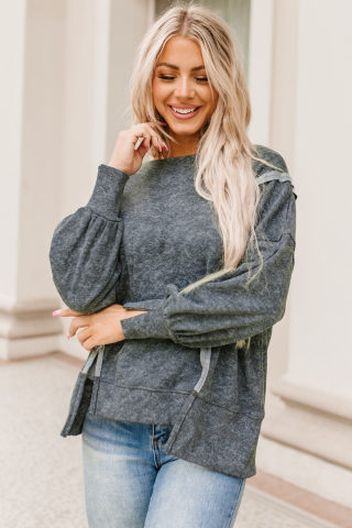 Gray Acid Wash Relaxed Fit Sweatshirt | Exposed Seams