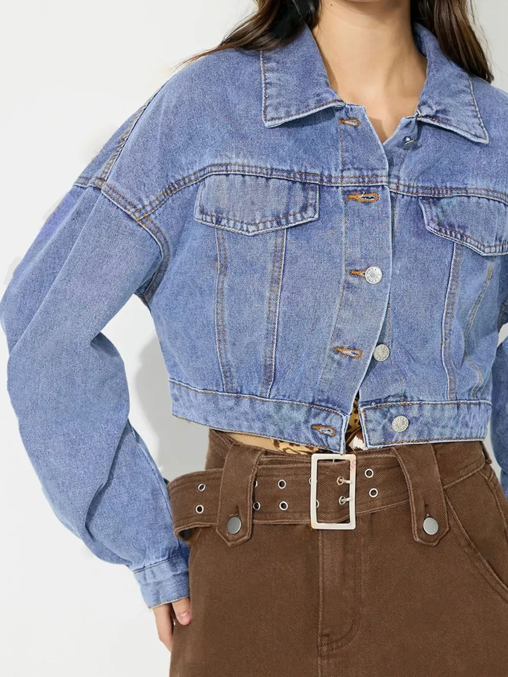 Collared Dropped Shoulder Cropped Denim Top 4
