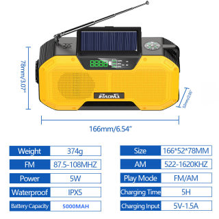 Outdoor Emergency Radio Bluetooth Speaker | Solar Flashlight & 5000mAh Power Bank 5