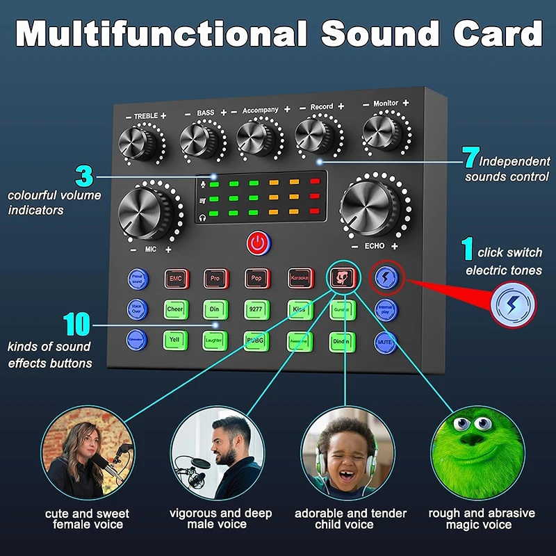 V8S Audio Mixer & Sound Card with Voice Changer, for Streaming and Gaming 3