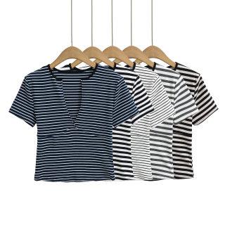 Sexy Deep V-Neck Striped T-Shirt | Women's Short Sleeve