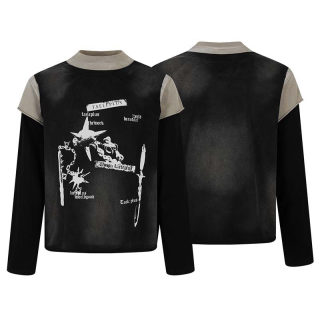 Hammer Letter Print Fake Two-Piece Long Sleeve Shirt | American Retro 5
