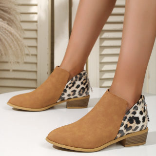 Women's Leopard Print Pointed-Toe Boots with Thick Heel and Back Zipper