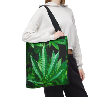Green Cannabis Leaf Tote Bag | All-Over Print Hemp Plant Design 93