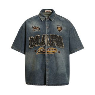 Embroidered Letter Denim Short Sleeve Shirt