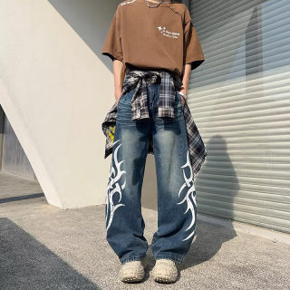 Printed Wide Leg Gradient Denim Floor Pants | Loose Straight Leg