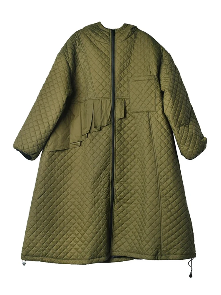 Hooded Parka | Solid Color Long Large Size Diamond Lattice Zipper A-Line 5
