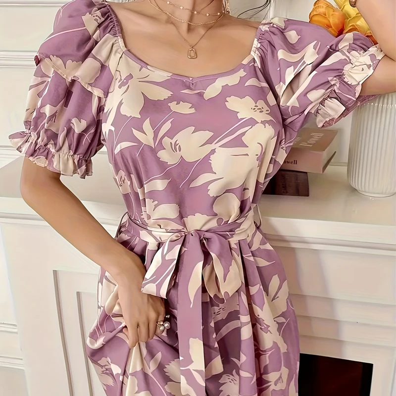 Wefads Women's Elegant Summer Maxi Dress | Puff Sleeve Lace-Up Printed 3