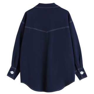 Women's White Line Big Pocket Denim Blouse | Lapel Long Sleeve Loose Shirt