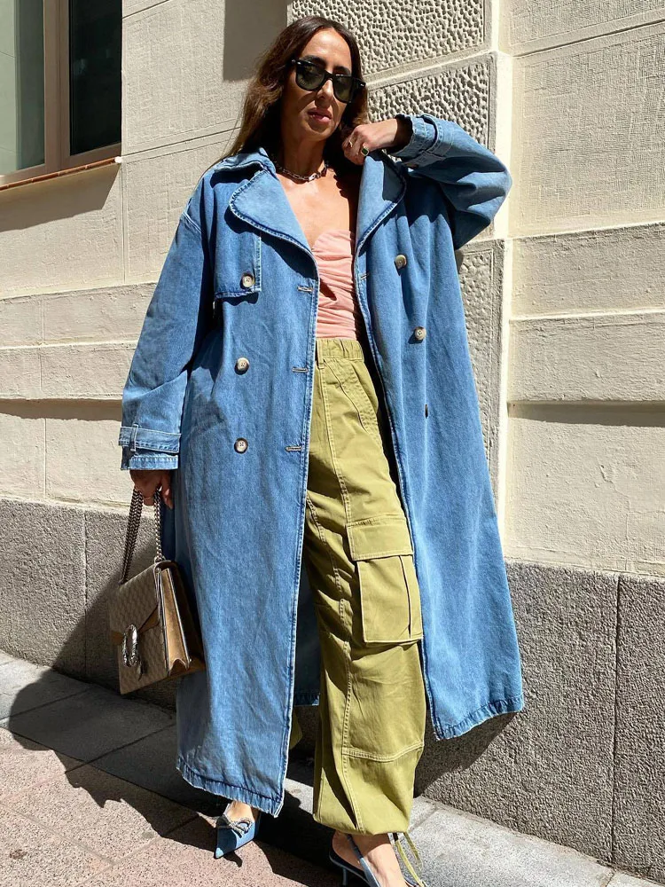 Long Denim Trench Coat for Women | Belted Waist Slim Jean Jacket 2