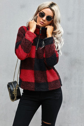 Fiery Red Plaid Zip Collar Plush Sweatshirt 4