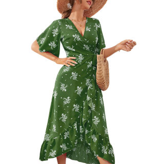 Floral V-Neck Summer Dress | French Waist Bandage Tea-Length Skirt 4