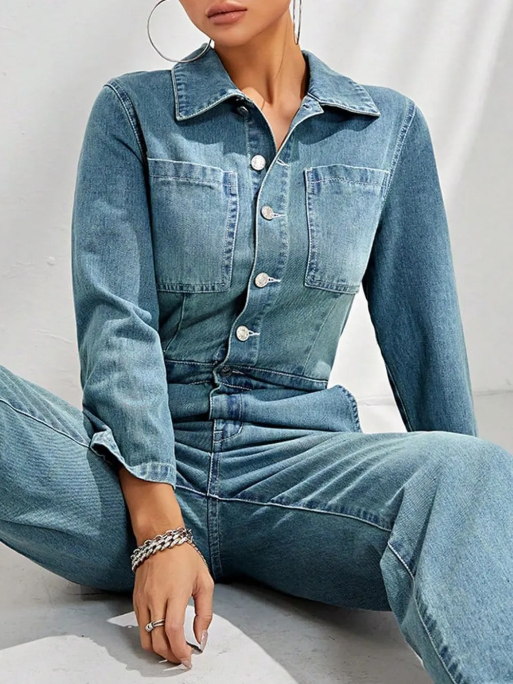 Half Button Straight Leg Denim Jumpsuit | Long Sleeve 5