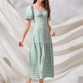 Plaid Puff Sleeve Long French Dress for Women