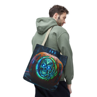 Cyber Pumpkin Skull Tote Bag | Neon Sci-Fi Halloween Tote 86