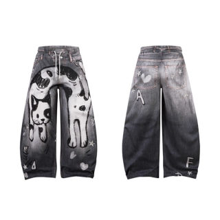 Hand-Painted Cow & Cat Wide-Leg Jeans for Women | Loose Straight Floor-Length 2