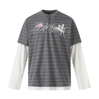 Letter Print Striped Fake Two-Piece Long Sleeve Shirt | American Vintage