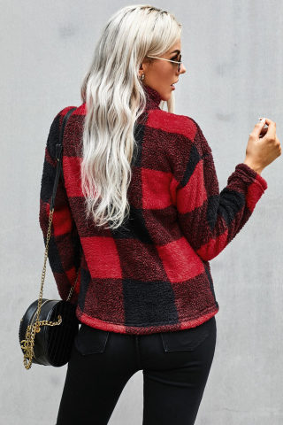 Fiery Red Plaid Zip Collar Plush Sweatshirt 2