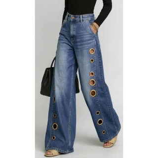 Women's Metal Eyelet Wide-Leg High-Waisted Jeans 3