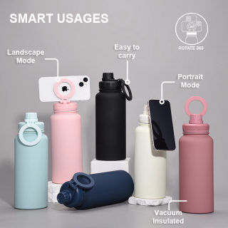 Insulated Stainless Steel Water Bottle with Magnetic Phone Holder, 1L