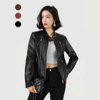 Women's Slim Fit Leather Jacket | Embroidered Detail