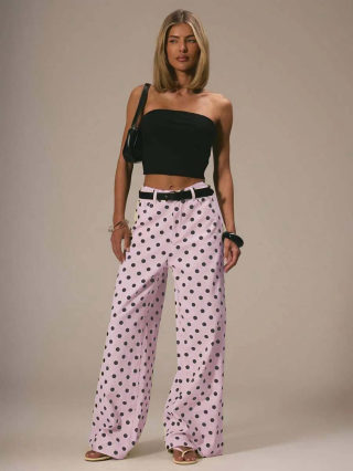 Polka Dot Loose Fit Mid-Waist Denim Pants 6
