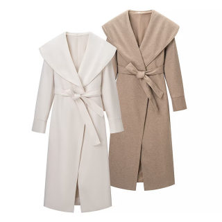 Elegant Shawl Collar Wool Coat | Wide Lapel with Waist Belt
