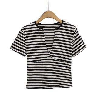Sexy Deep V-Neck Striped T-Shirt | Women's Short Sleeve 4