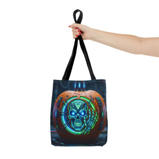 Cyber Pumpkin Skull Tote Bag | Neon Sci-Fi Halloween Tote 61