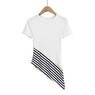 Striped Round Neck Diagonal Hem T-Shirt | Basic Casual 4