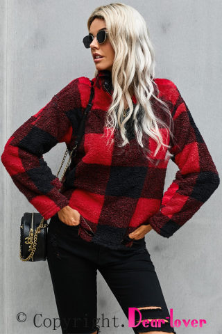 Fiery Red Plaid Zip Collar Plush Sweatshirt 6