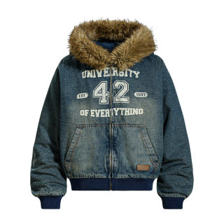 Short Hooded Padded Jacket with Fur Collar