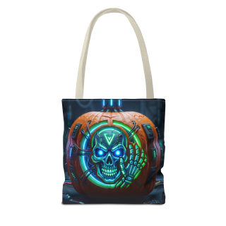 Cyber Pumpkin Skull Tote Bag | Neon Sci-Fi Halloween Tote 25
