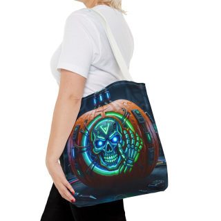 Cyber Pumpkin Skull Tote Bag | Neon Sci-Fi Halloween Tote 53