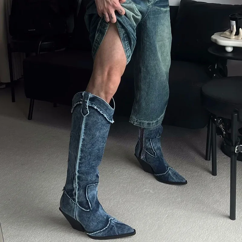 Side-Zip Denim Knee-High Boots for Women | Pointed Toe Western Style 3