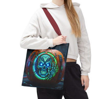 Cyber Pumpkin Skull Tote Bag | Neon Sci-Fi Halloween Tote 80