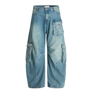 American-Style Washed Multi-Pocket Work Jeans, Wide Leg