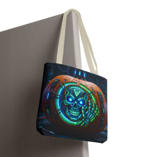 Cyber Pumpkin Skull Tote Bag | Neon Sci-Fi Halloween Tote 111