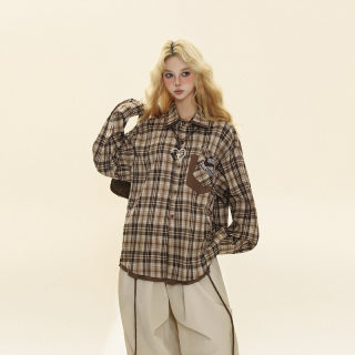 Brown Plaid Shirt for Men and Women | Loose Casual Long-Sleeve Blouse Jacket 2